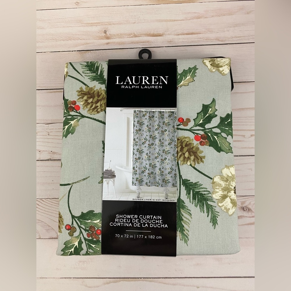 Lauren Ralph Lauren Pinecone Holly Christmas Holiday Fabric Shower Curtain 70x72
